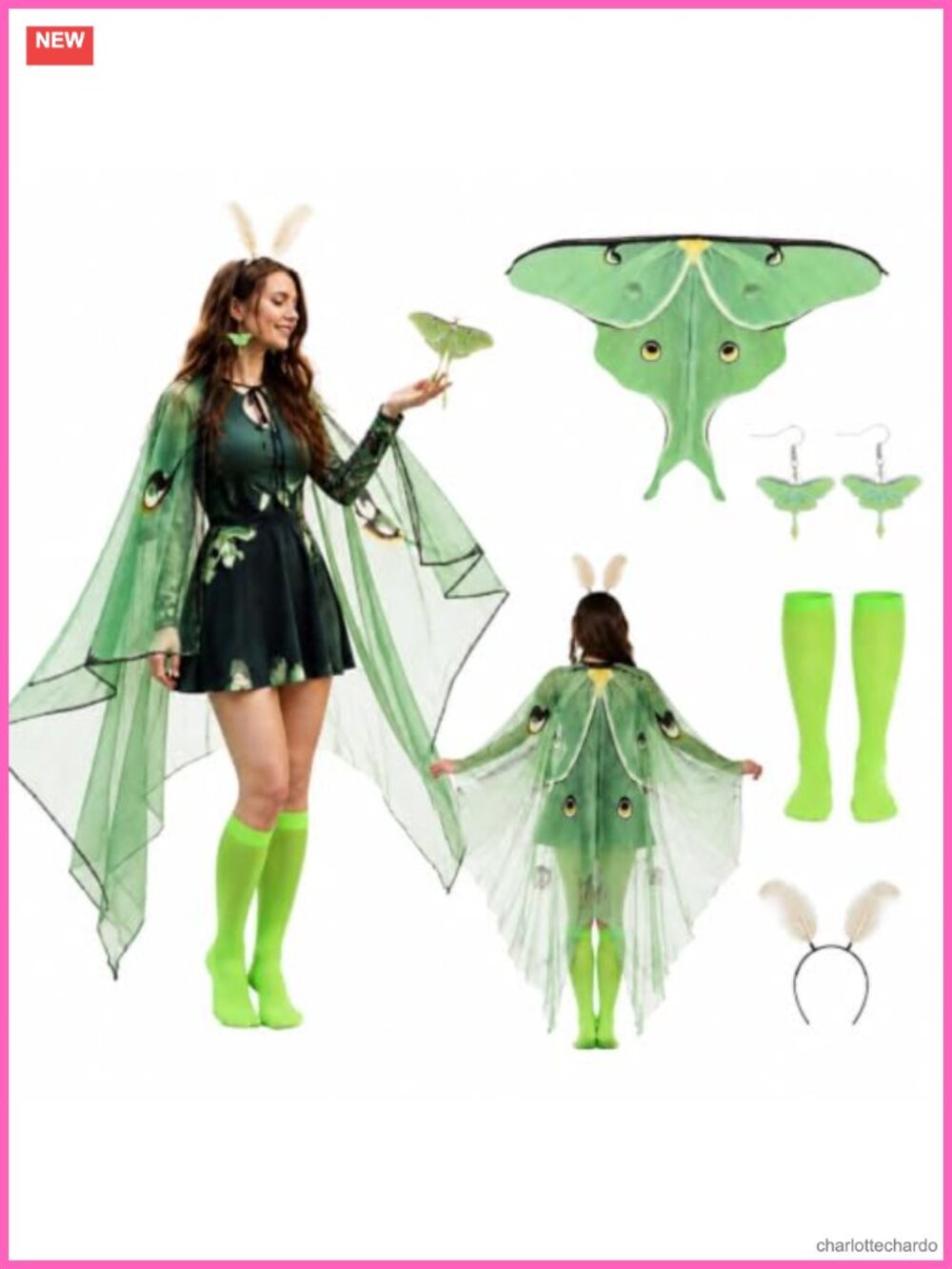 Luna Moth Costume Set Wings Antenna Headband Earrings Socks Cosplay